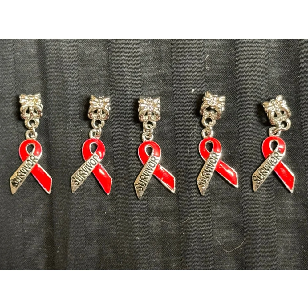 Set of 5 RED SURVIVOR AWARENESS RIBBON - HIV/AIDS - BLOOD CANCER - HEART DISEASE
